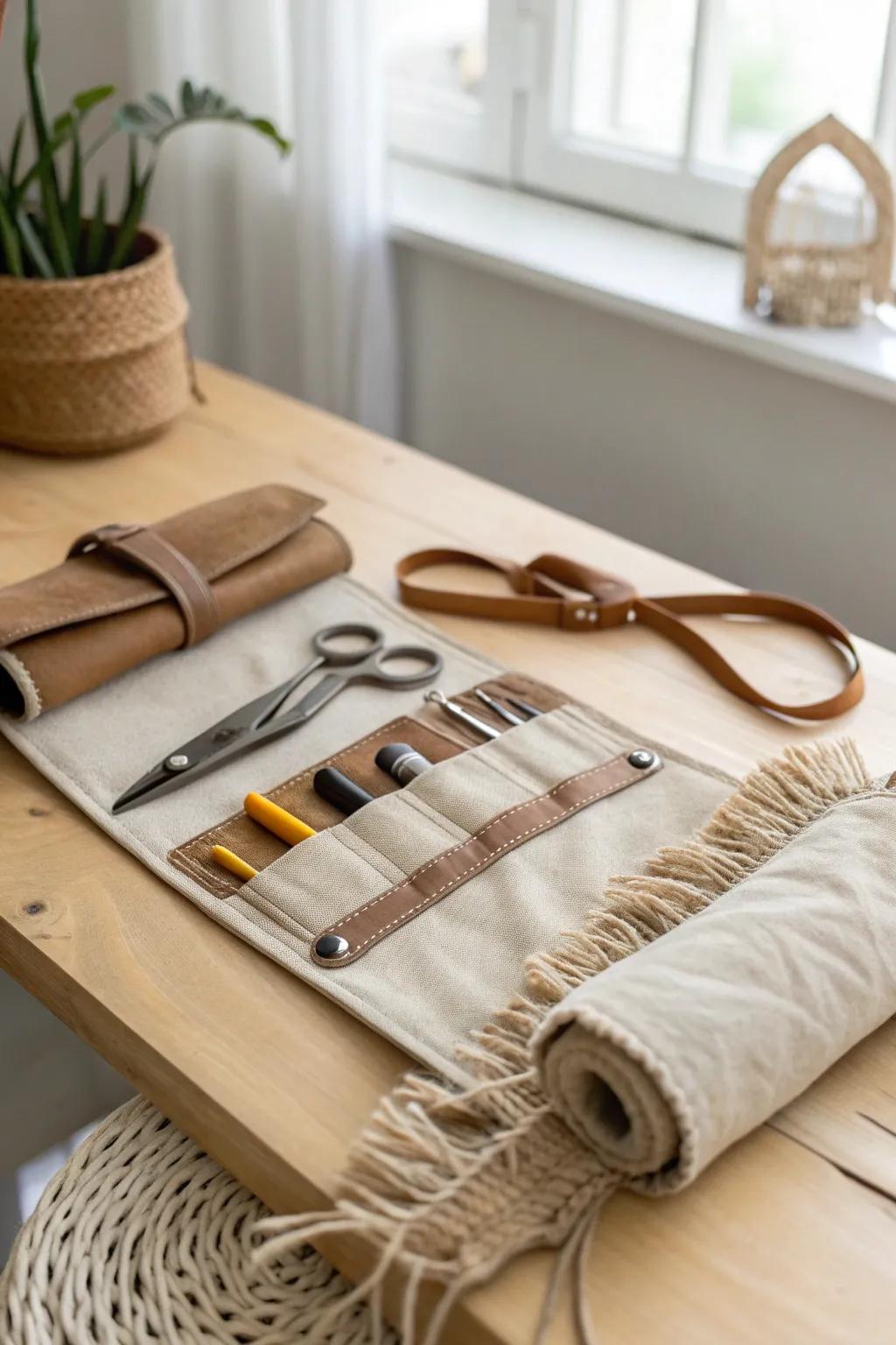 A linen tool roll keeps pliers and screwdrivers tidy, protected, and easy to grab in small spaces.