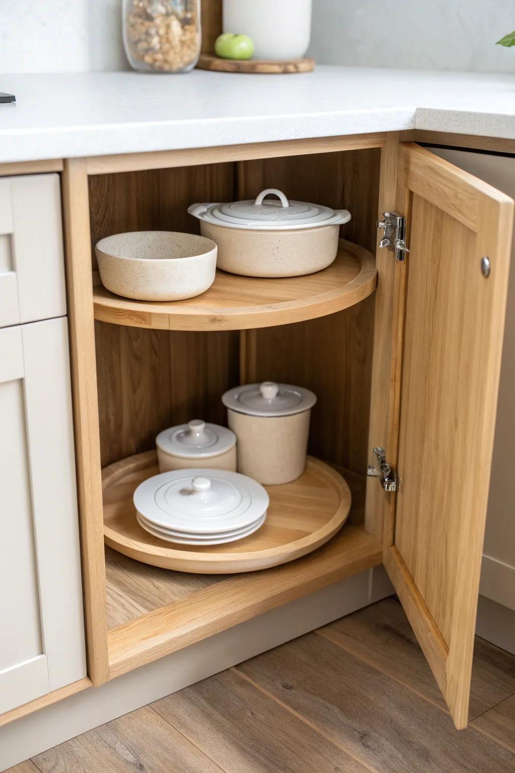 Make that cabinet corner work: a simple turntable keeps small pans easy to grab.