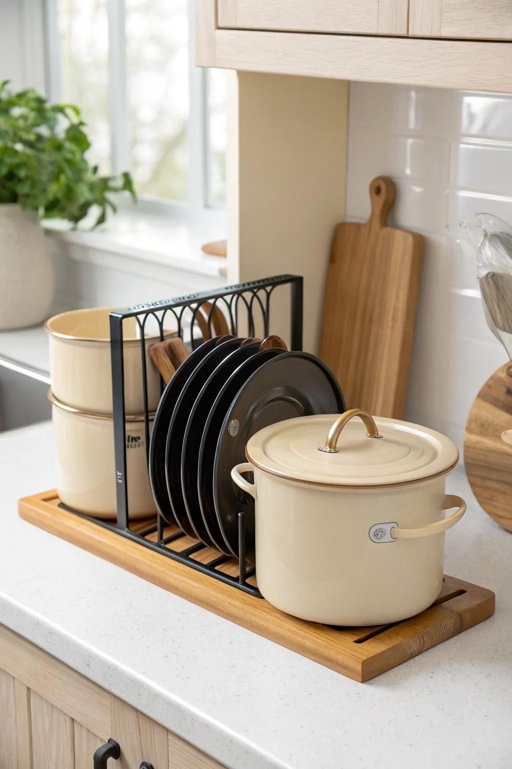 Adjustable slots keep pots and lids neatly paired—flexible, minimal, and beautiful.