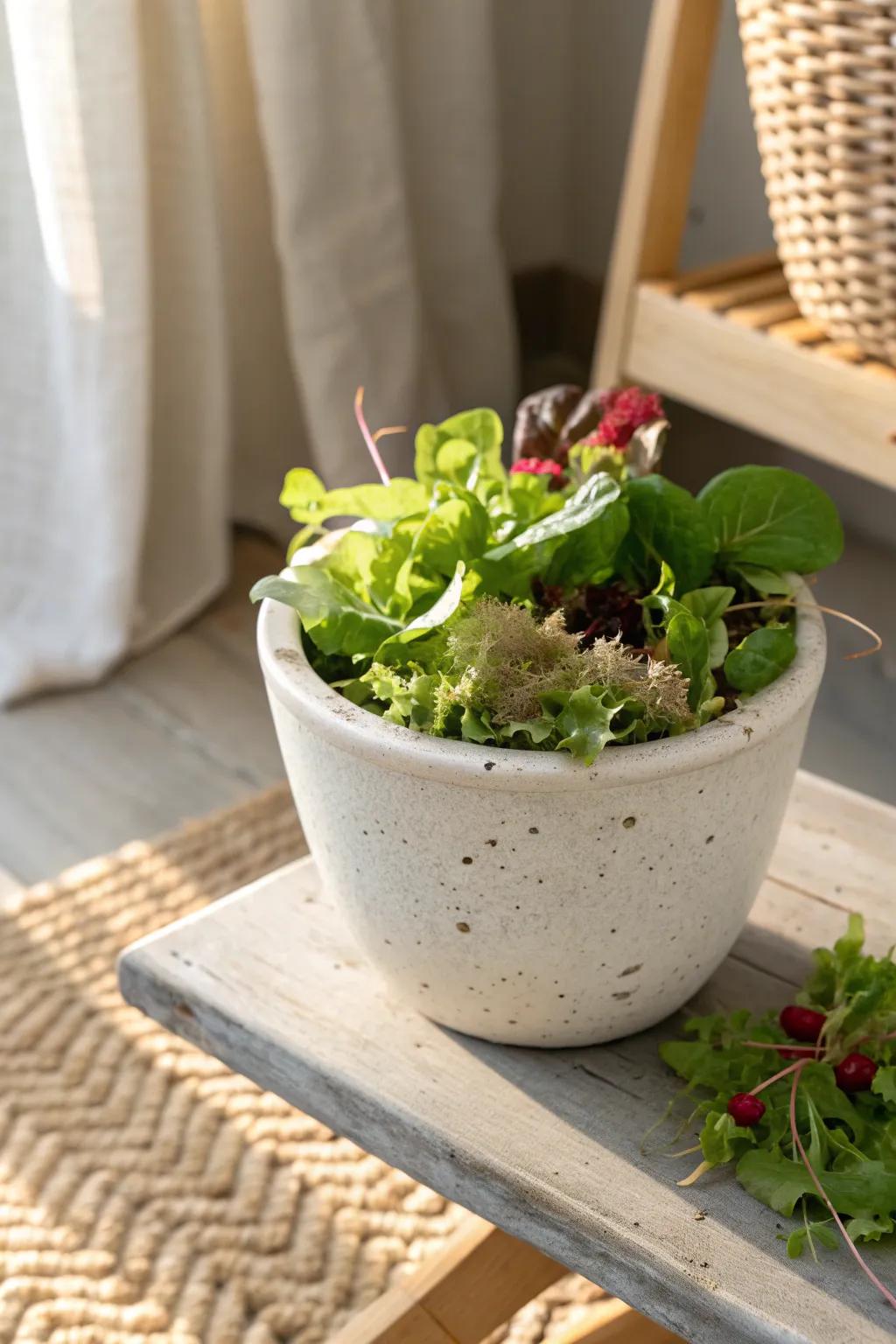 A single pot of crisp salad greens—your tiny patio’s prettiest, pick-as-you-go salad bar.