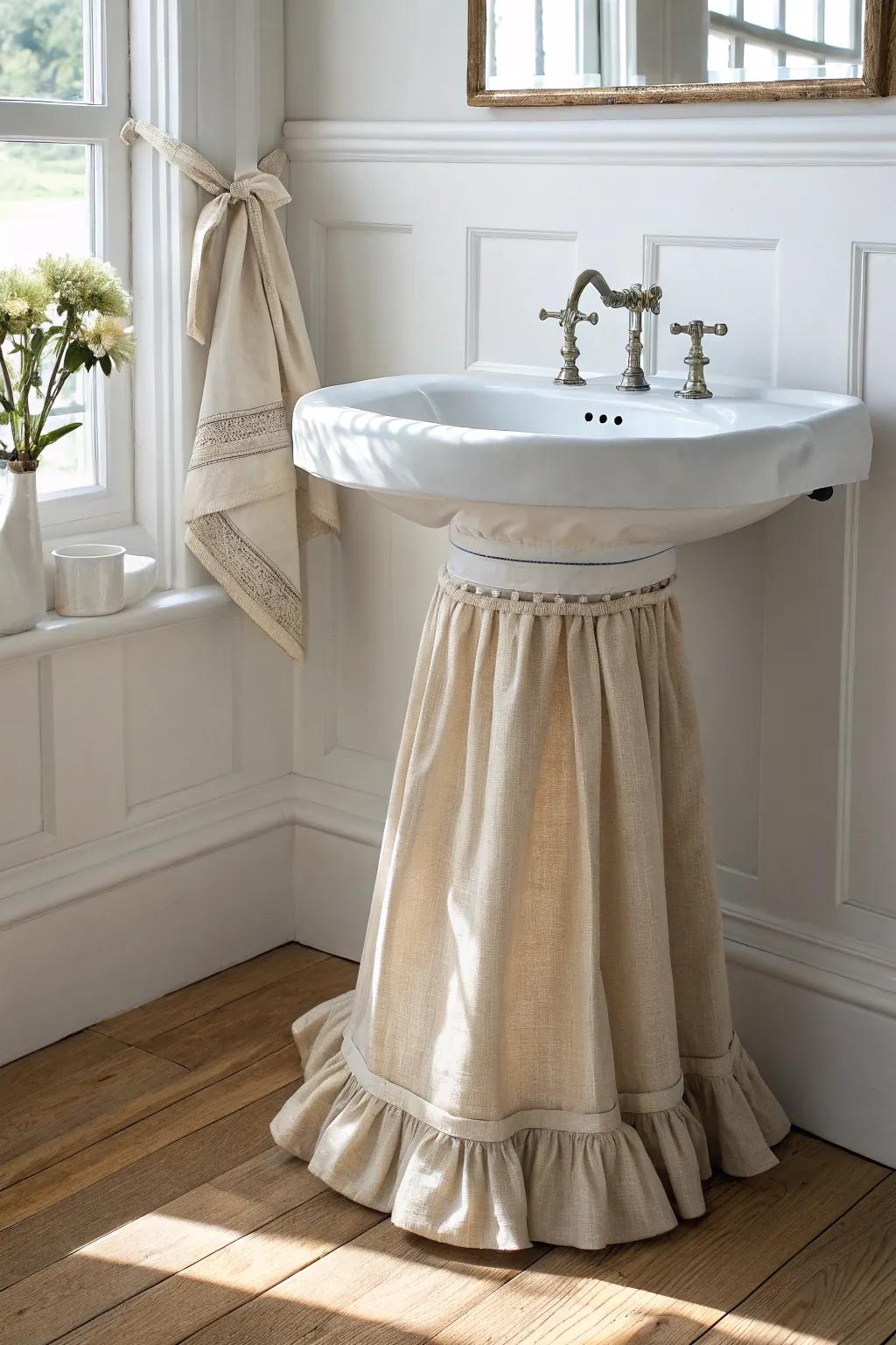 A simple washable sink skirt instantly hides bins and extra rolls under a pedestal sink.