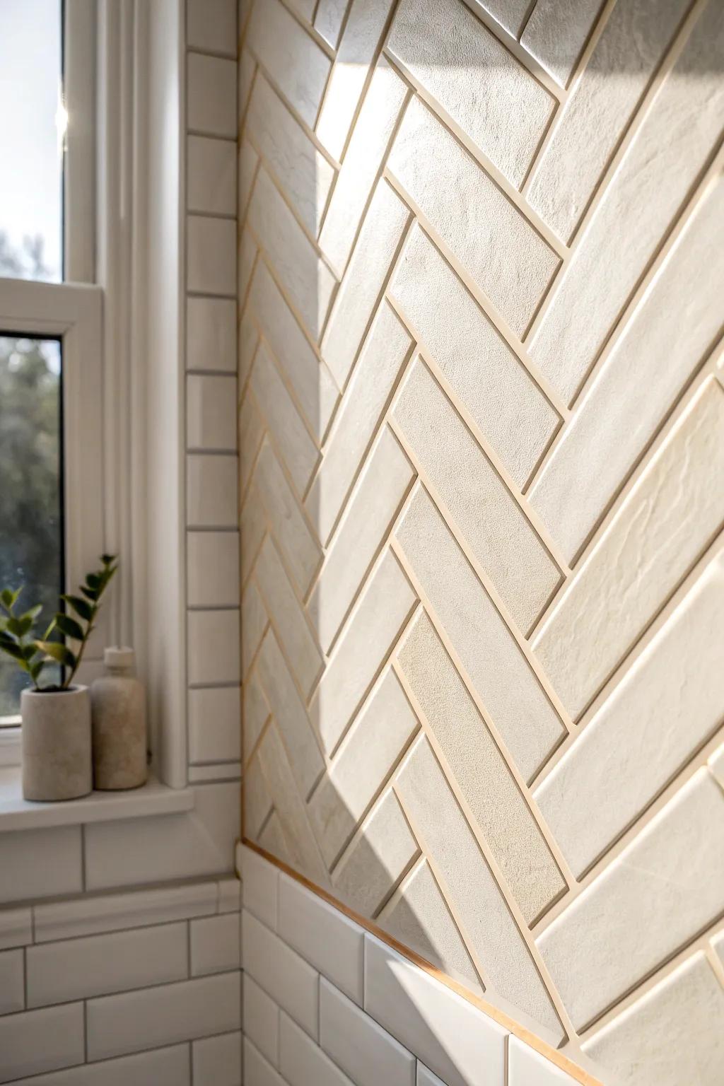 Handcrafted chevron tile turns a tiny powder room wall into a bold, elegant focal point.