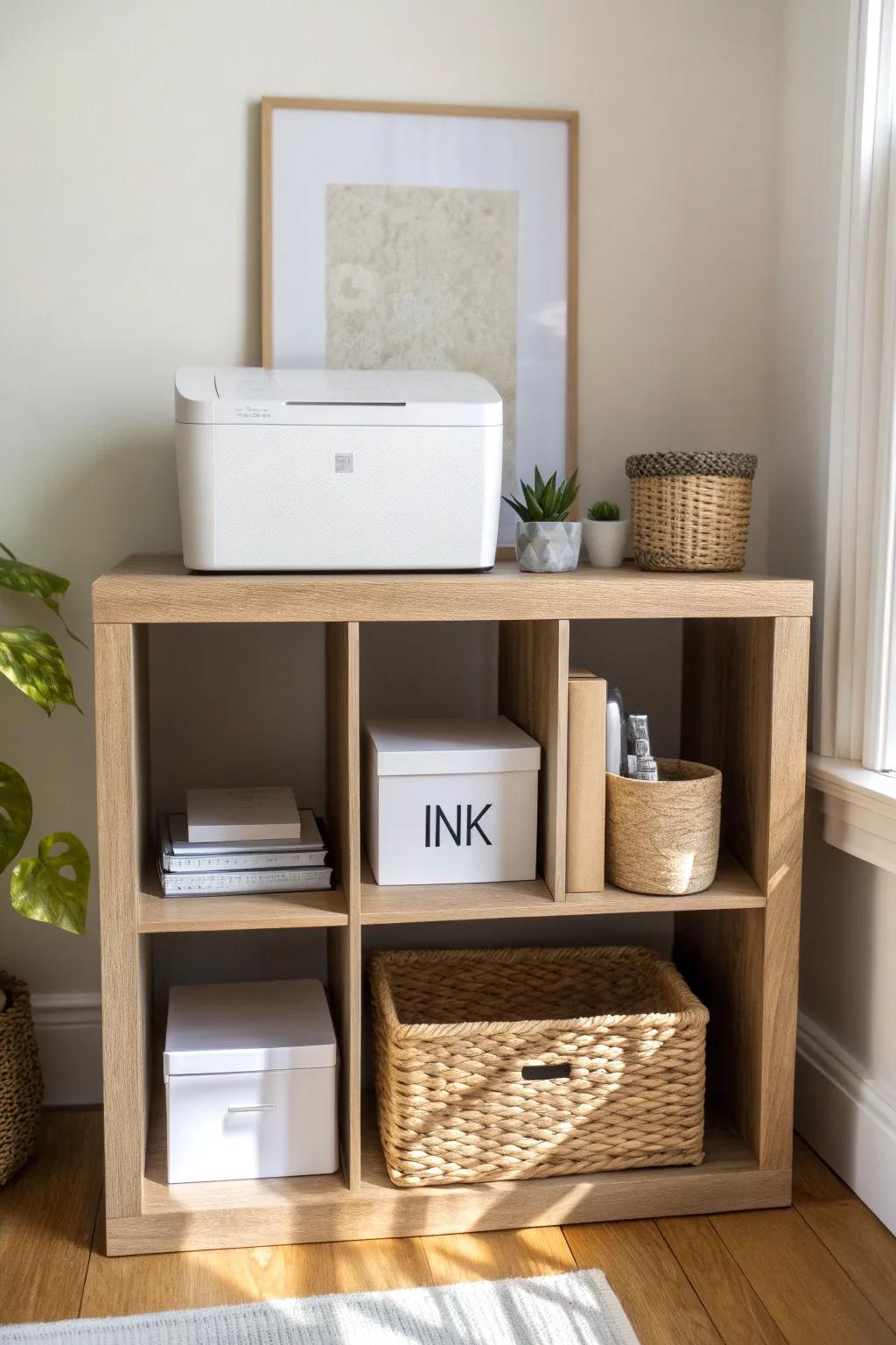 A tidy cube organizer printer nook—paper and ink stored neatly for small-space calm.