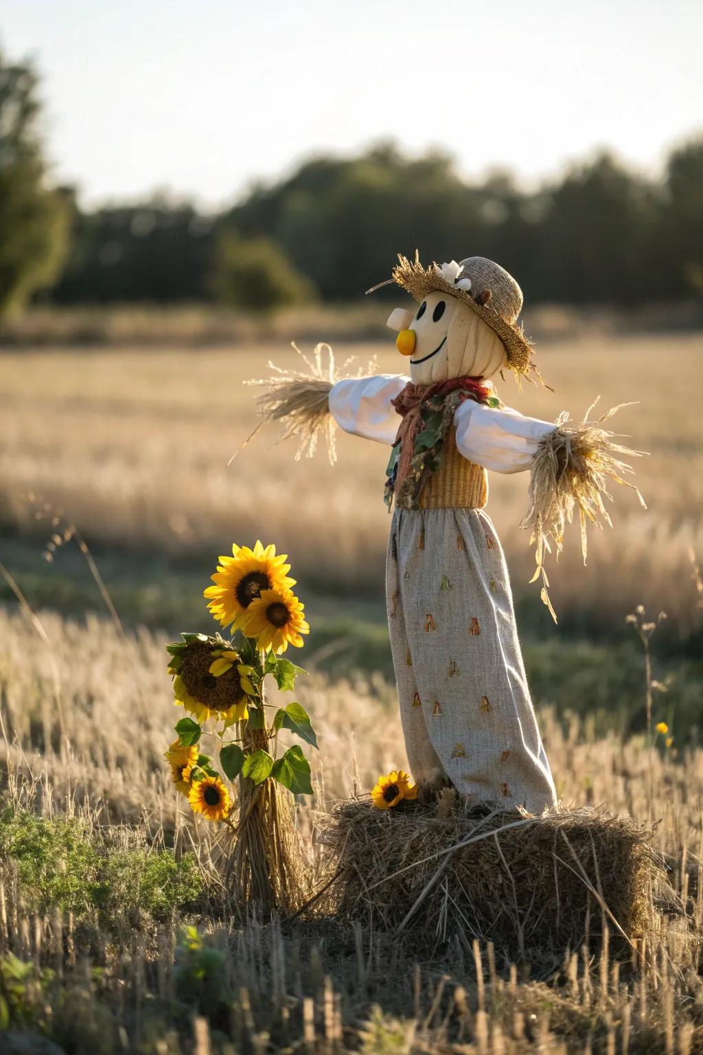 Bring your garden to life with sunflower accents on your scarecrow – a perfect blend of simplicity and vibrant charm!