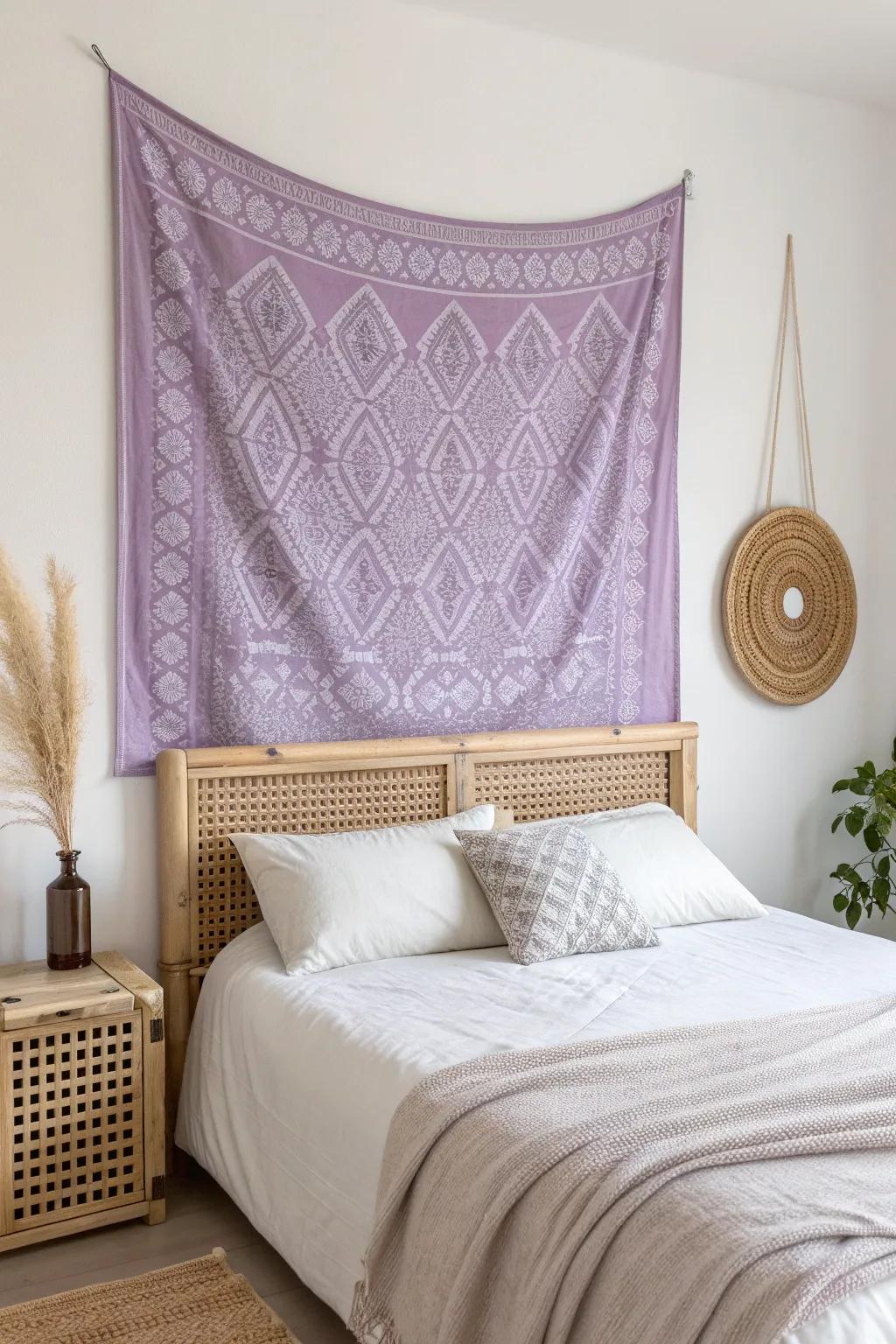 A purple tapestry faux headboard adds cozy color—renter-friendly, scuff-hiding, and chic.