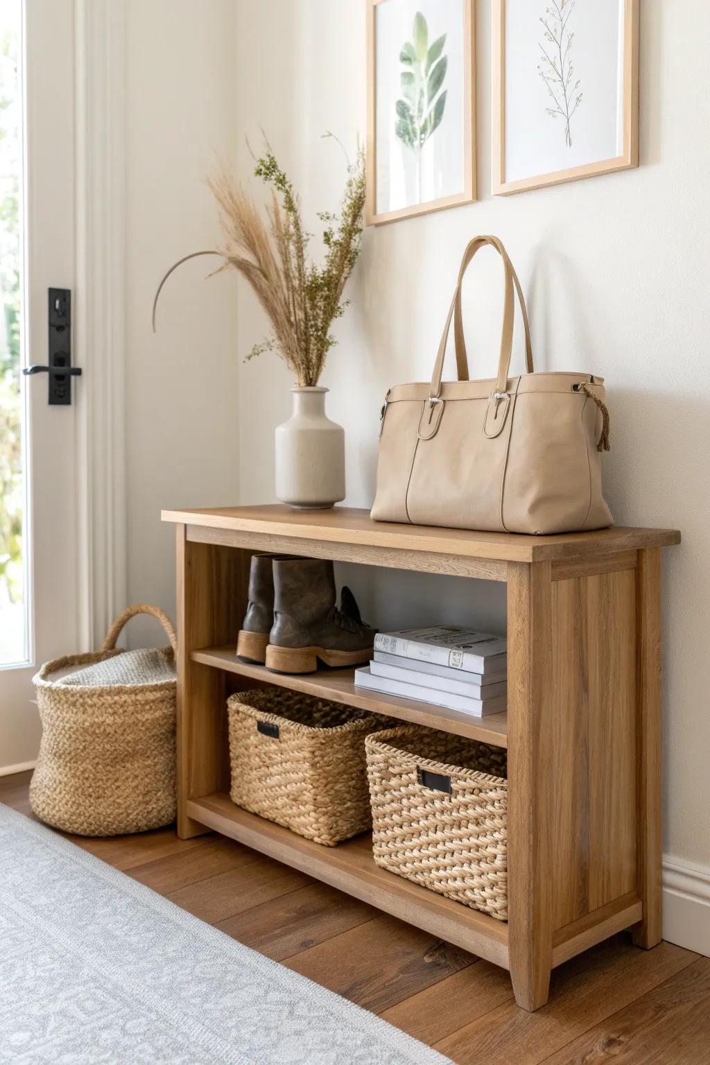 Turn a simple cubby shelf into a chic purse rack—each bag gets its own tidy cube.