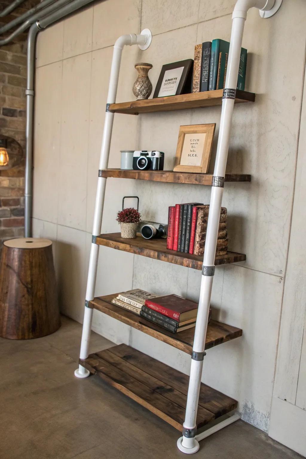 Elevate your book storage with this chic PVC pipe ladder bookshelf—where industrial meets artisanal elegance.