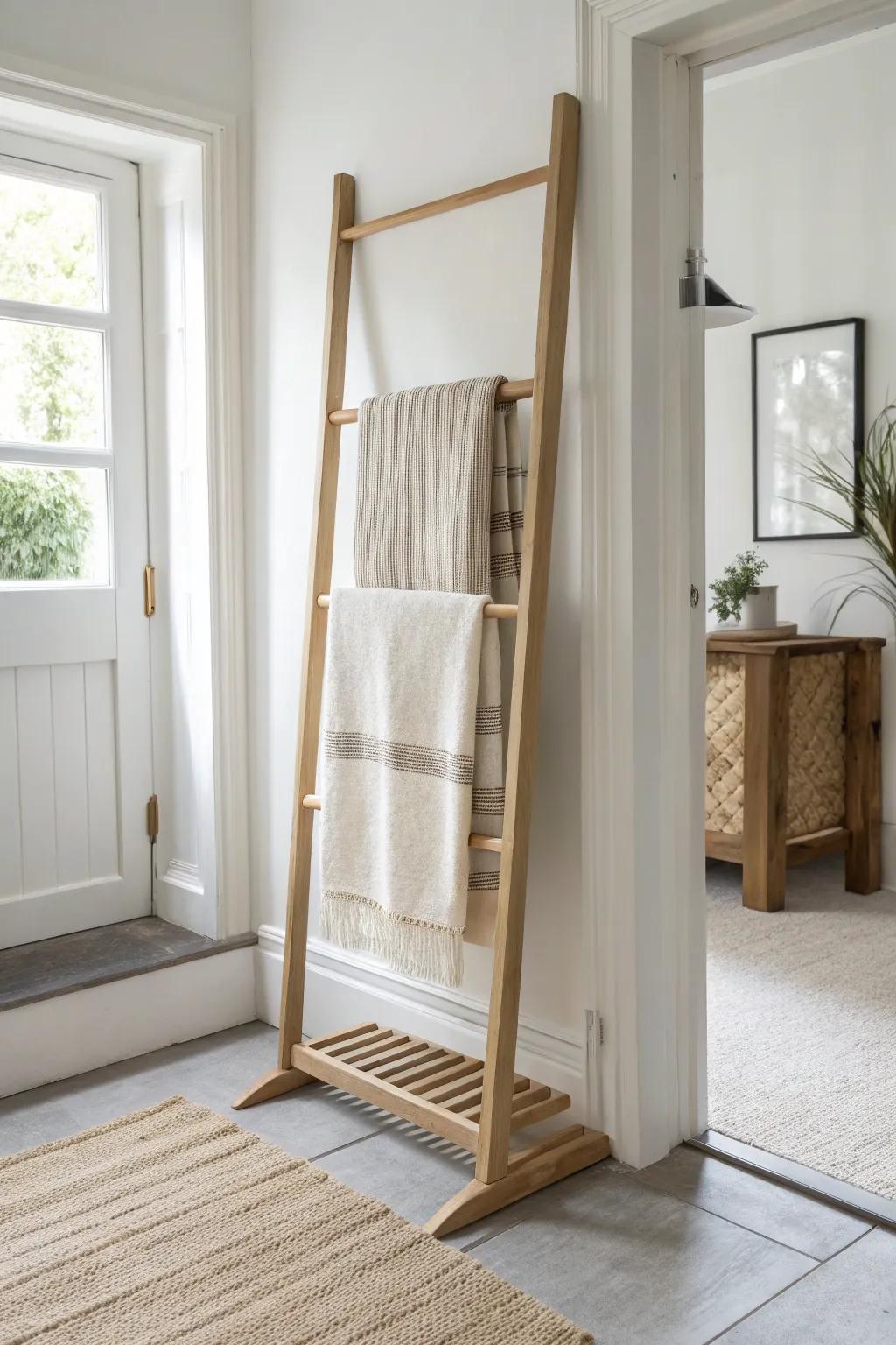 A slim oak quilt rack adds cozy texture to a narrow entryway—neutral, calm, and airy.