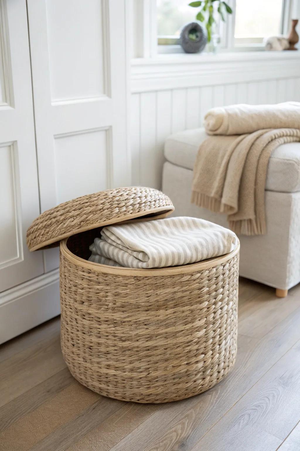 A stylish storage ottoman hides folded quilts so movie-night blankets stay close in small spaces.