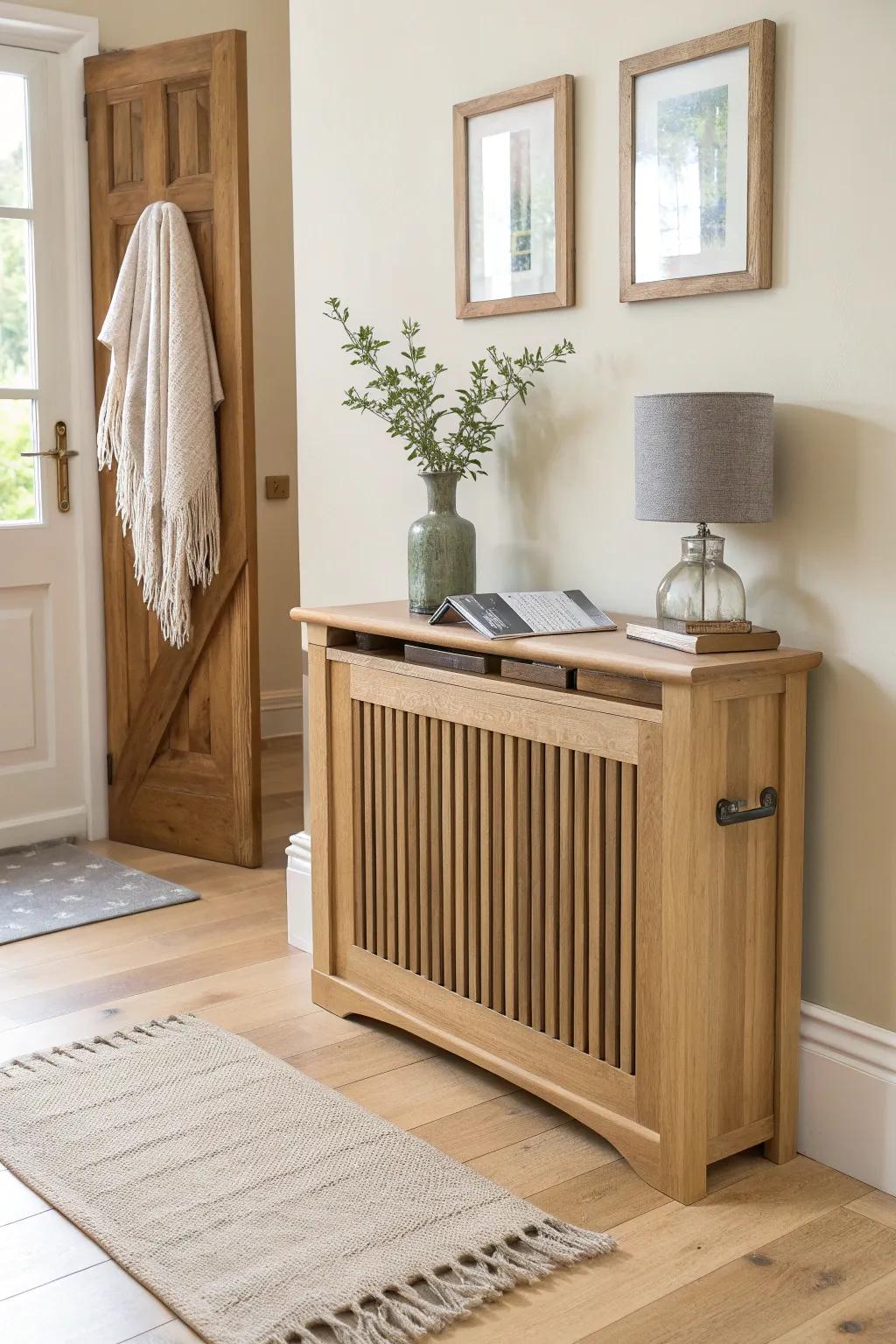 Turn your radiator cover into an extra-deep entryway shelf for keys, mail, and calm.