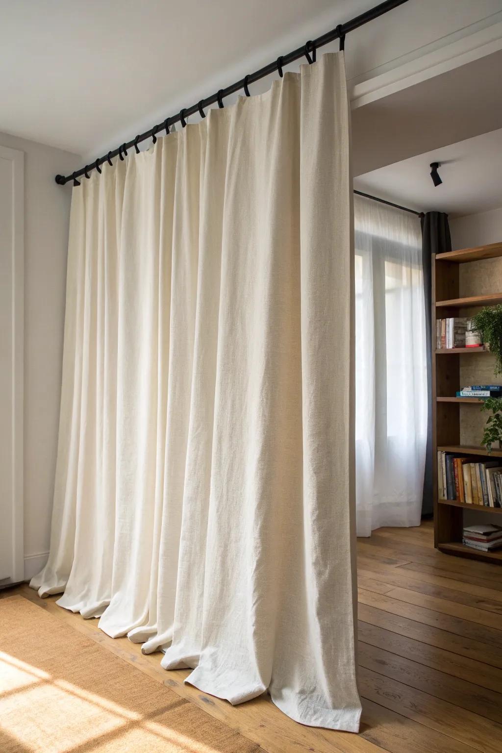 A simple linen curtain divider creates a calm, cozy reading corner in a small classroom.