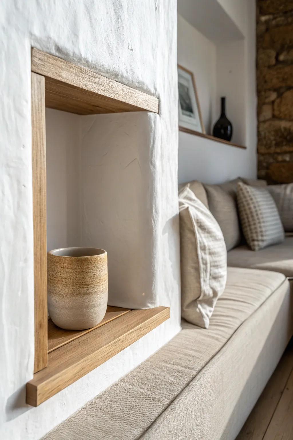A tiny recessed shelf by the sofa—your minimalist landing spot for a cozy mug and remote.