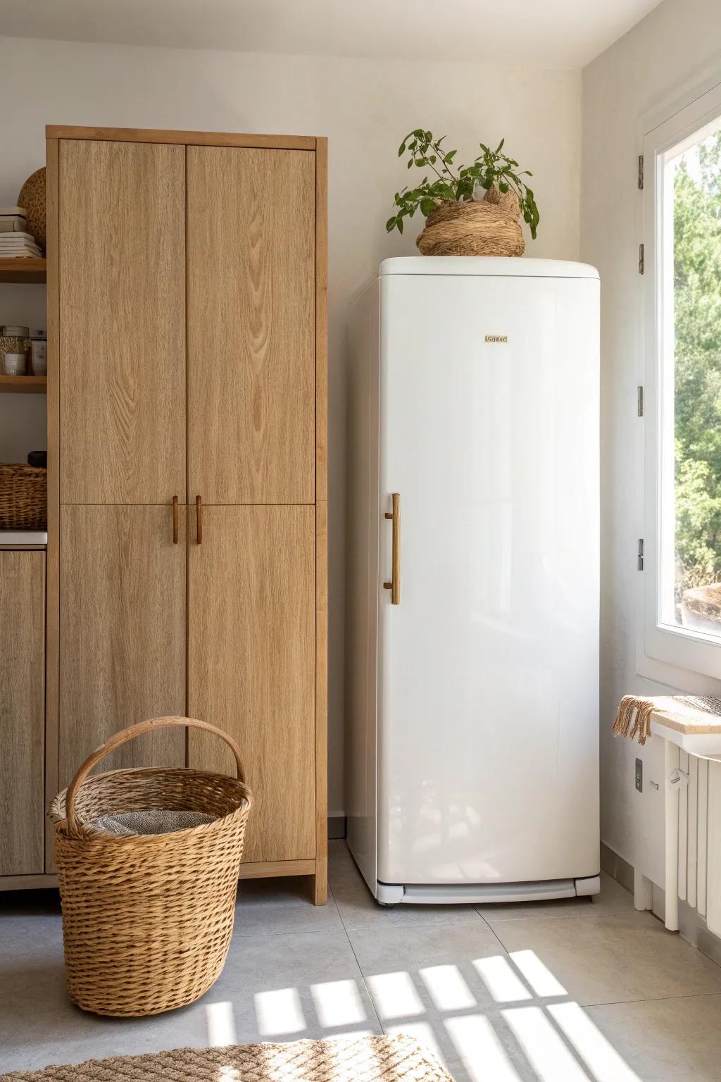 A sleek door-style side cabinet beside the fridge hides backups and gadgets—instant calm.