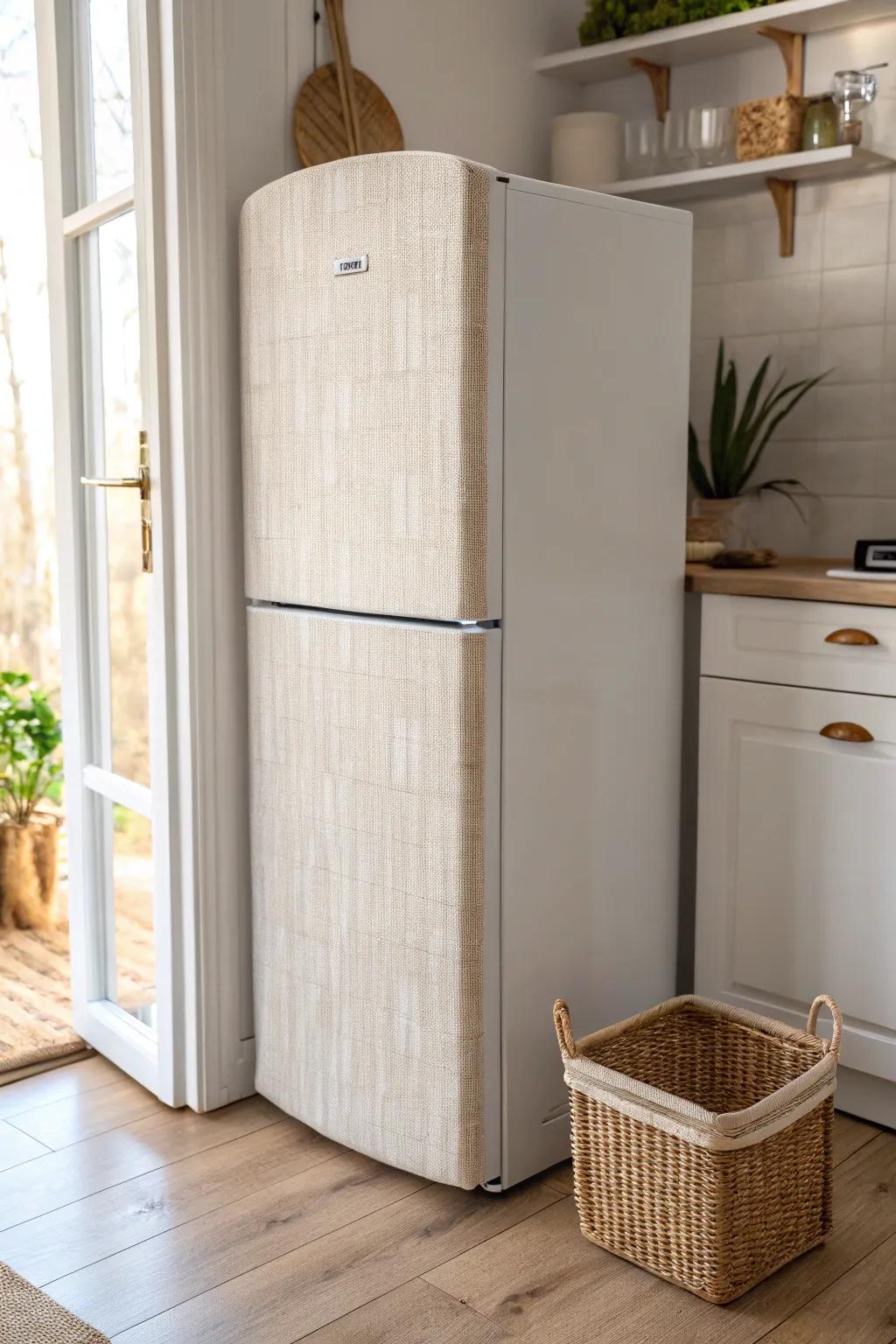Rent-friendly fridge glow-up: linen-look peel-and-stick wallpaper hides scuffs and adds soft pattern.