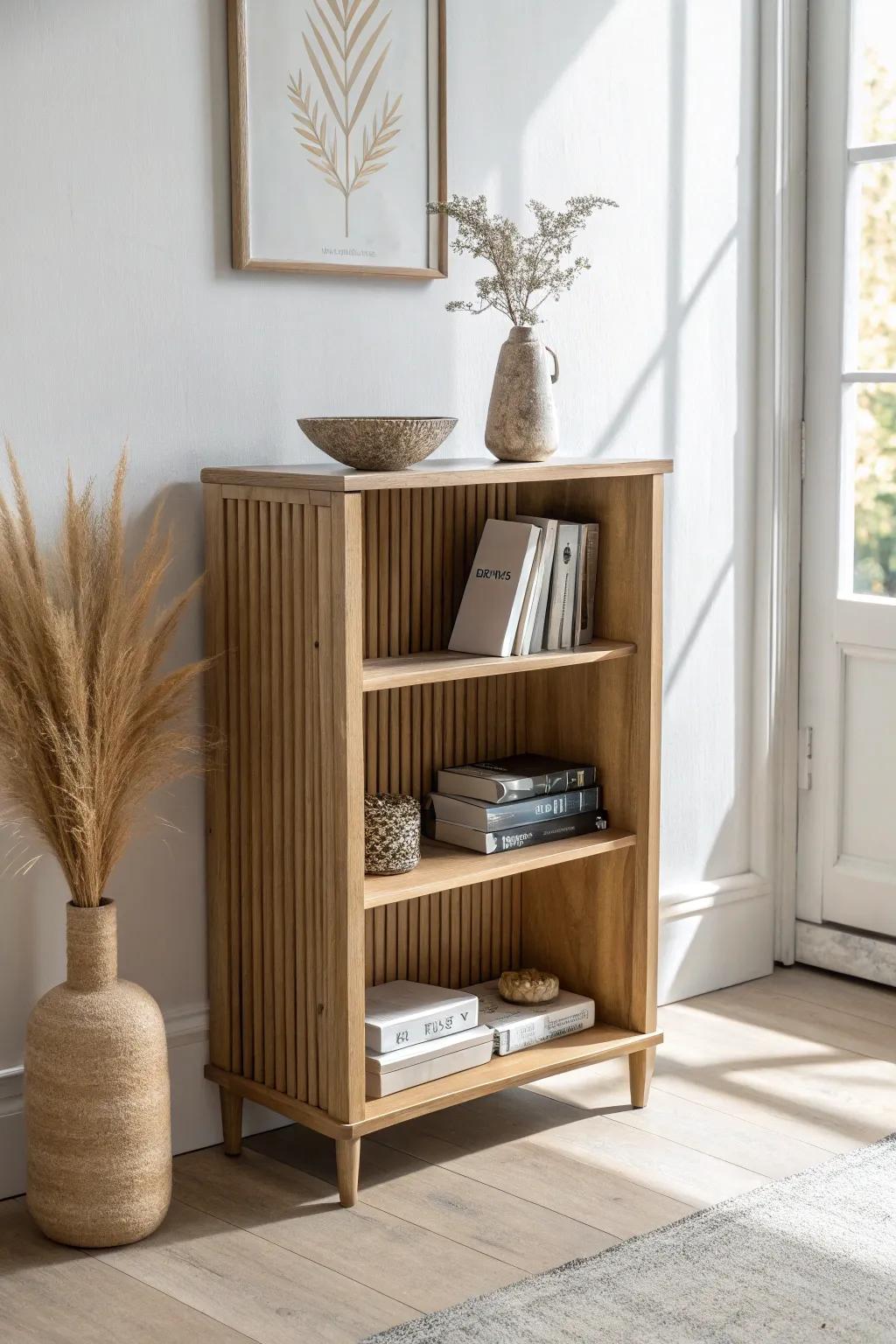 A thrifted bookcase glow-up: sleek wood-slat backing adds depth without taking space.