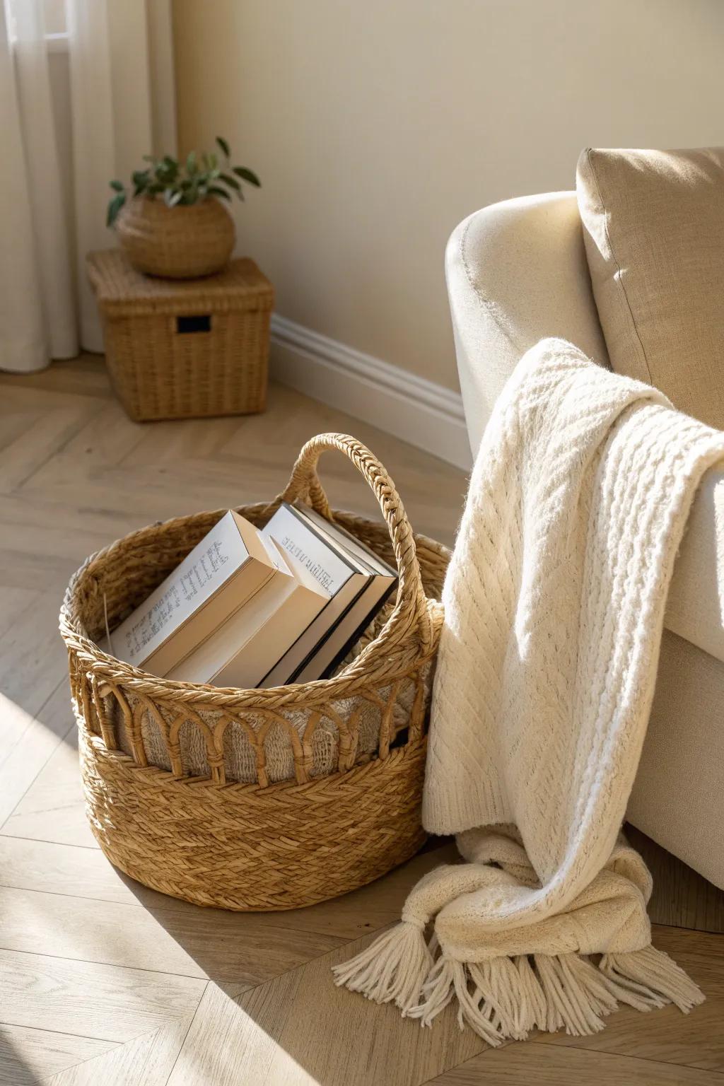 Swap bulky shelves for a pretty book basket—cozy, intentional storage for small-space reading nooks.