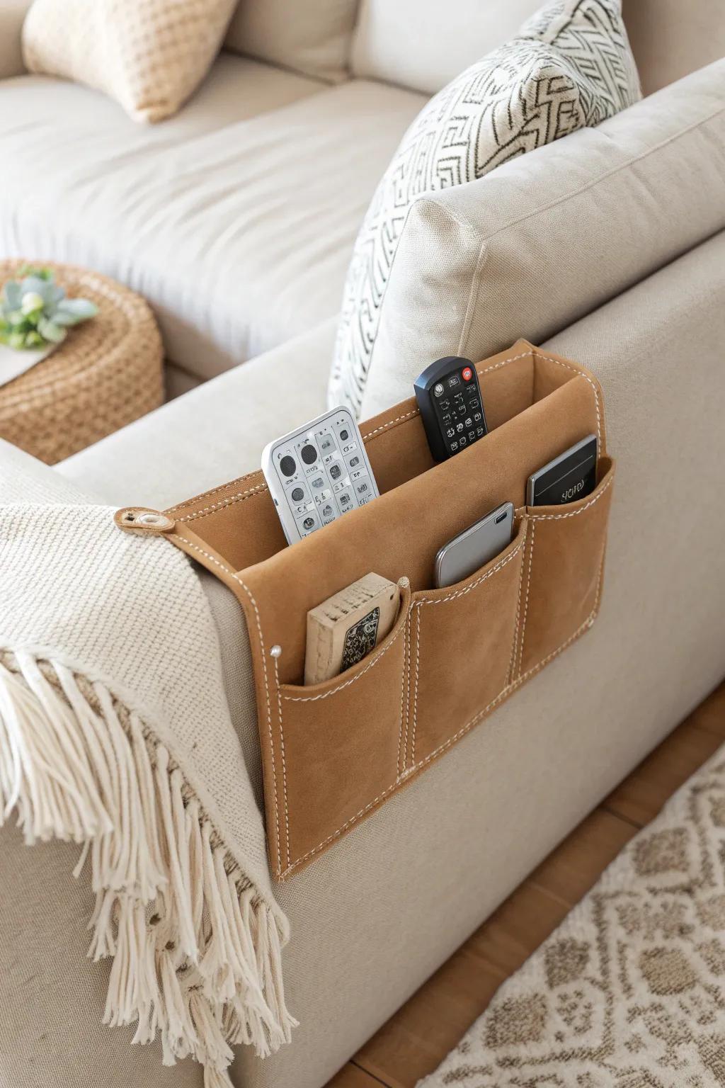 Hide remotes in plain sight—this slim sofa-side organizer keeps your couch looking clean.