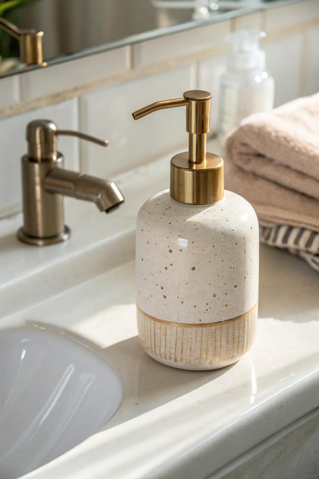 One matching soap dispenser = instantly calmer counter space and less clutter in a tiny rental bath.