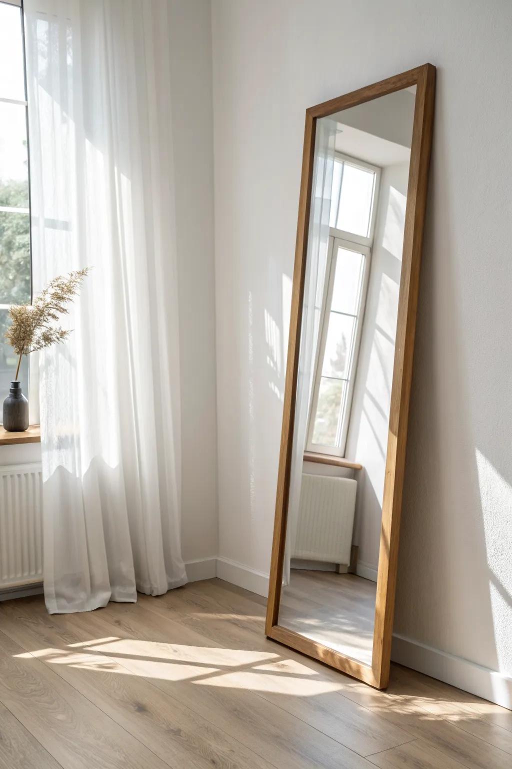 Lean a full-length mirror to bounce light and make any rental feel instantly bigger.