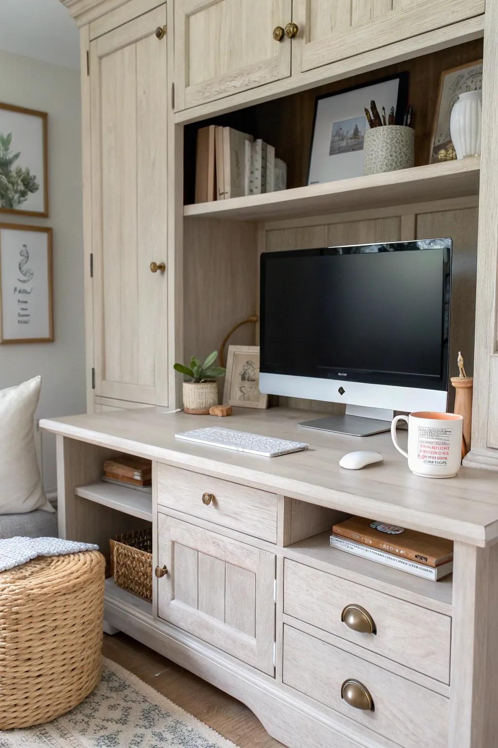 An entertainment center becomes a built-in desk—small-space office zone with hidden storage.