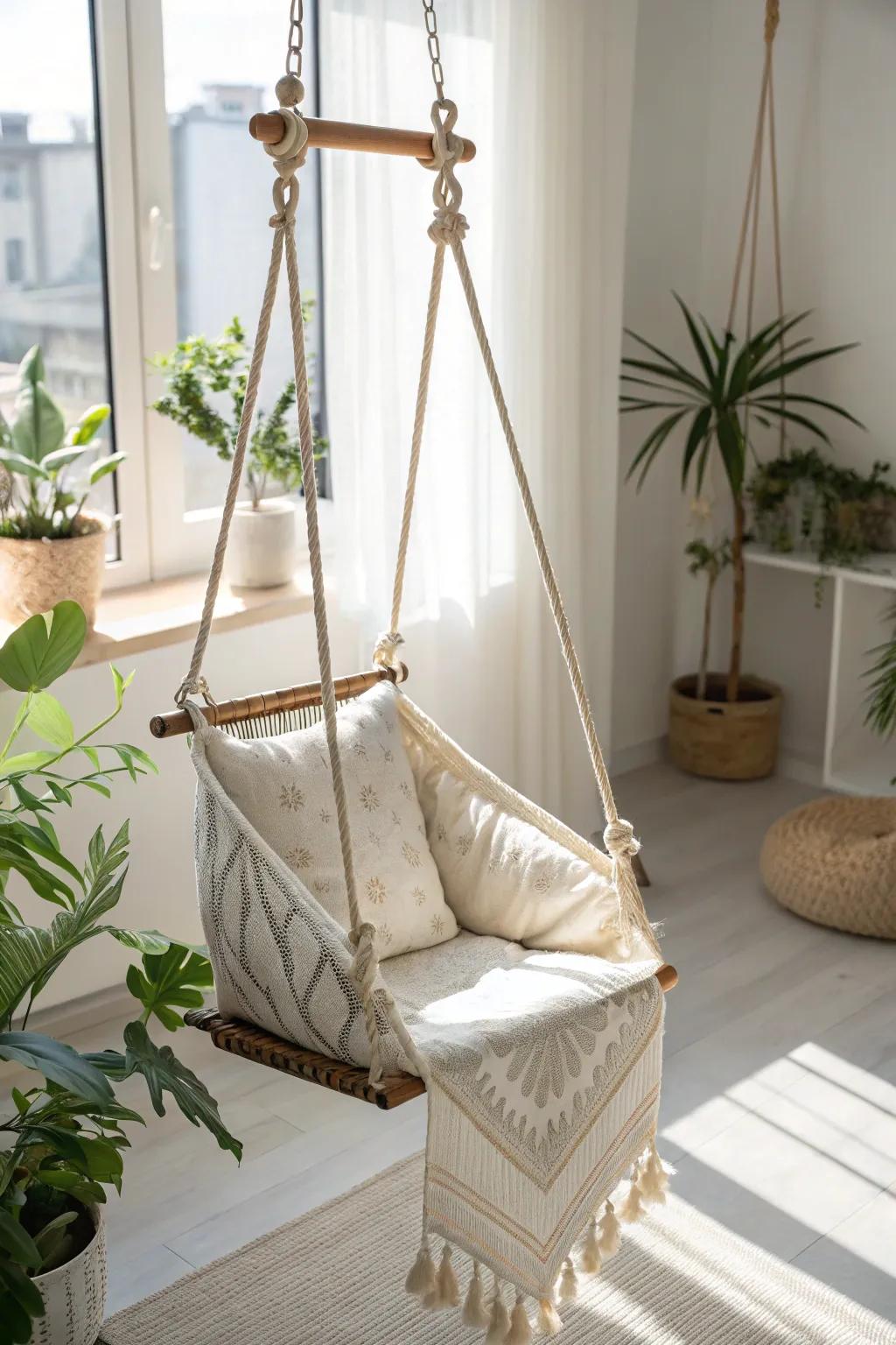 Swing into a serene oasis with this chic, repurposed foam hanging swing — the perfect blend of minimalist style and cozy comfort.