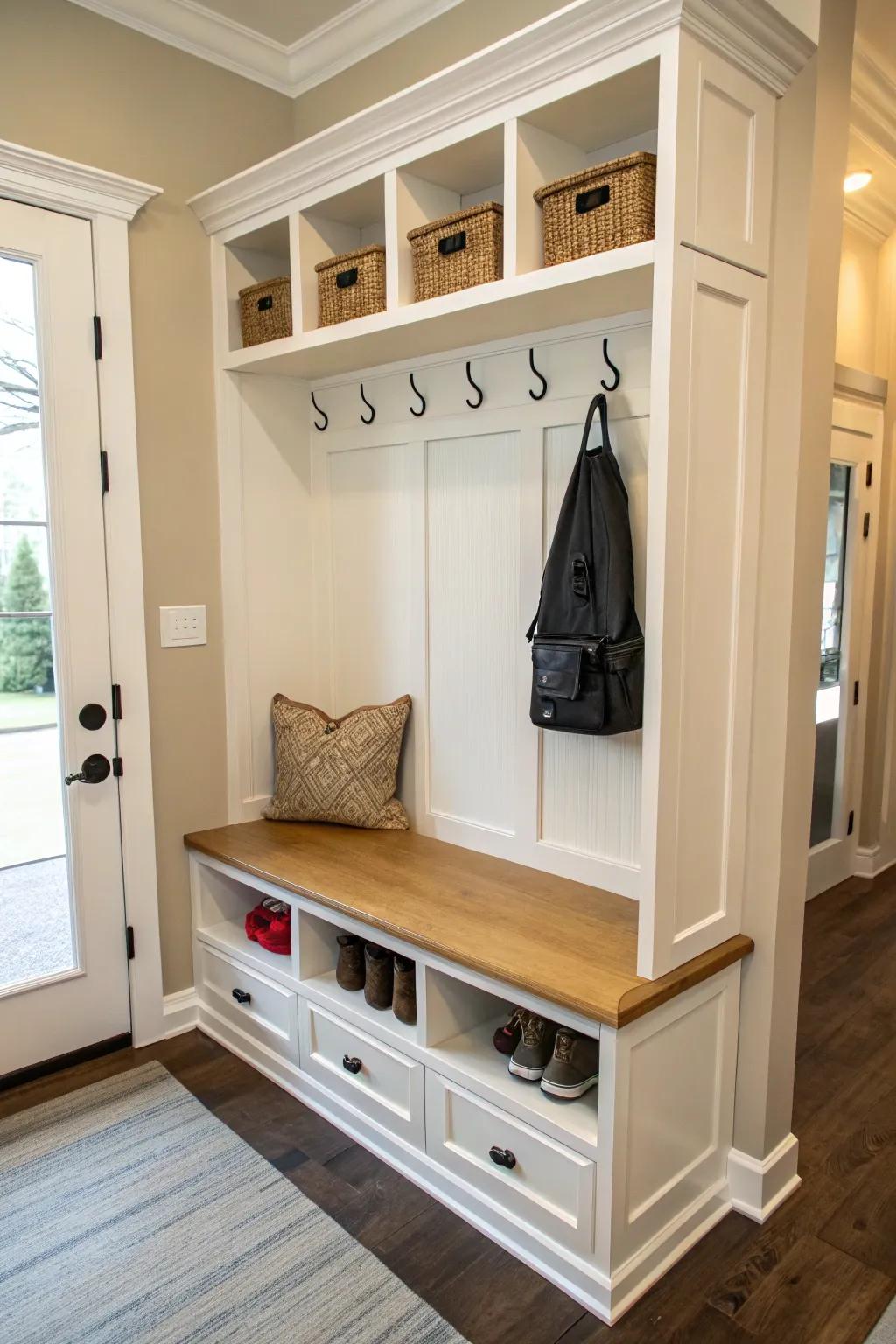 Repurposed china cabinet becomes a slim mudroom bench with cubbies—pretty, practical, small-space win.