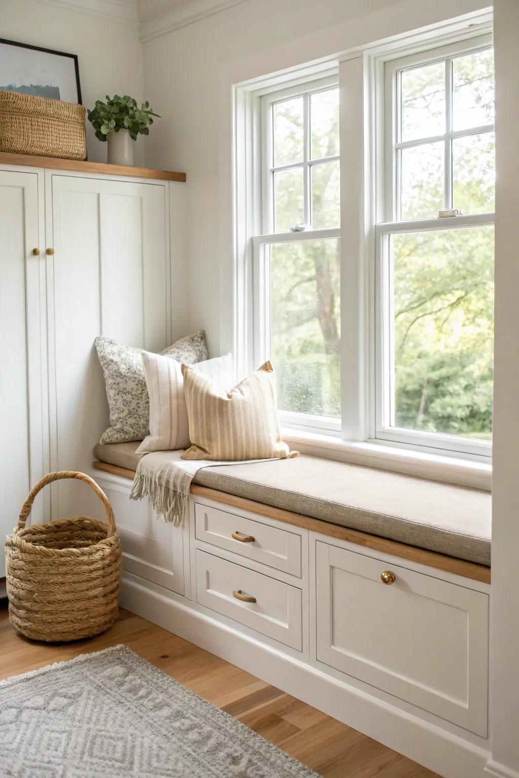 Repurposed kitchen cabinets become a chic window seat—hidden blanket storage, soft linen comfort.