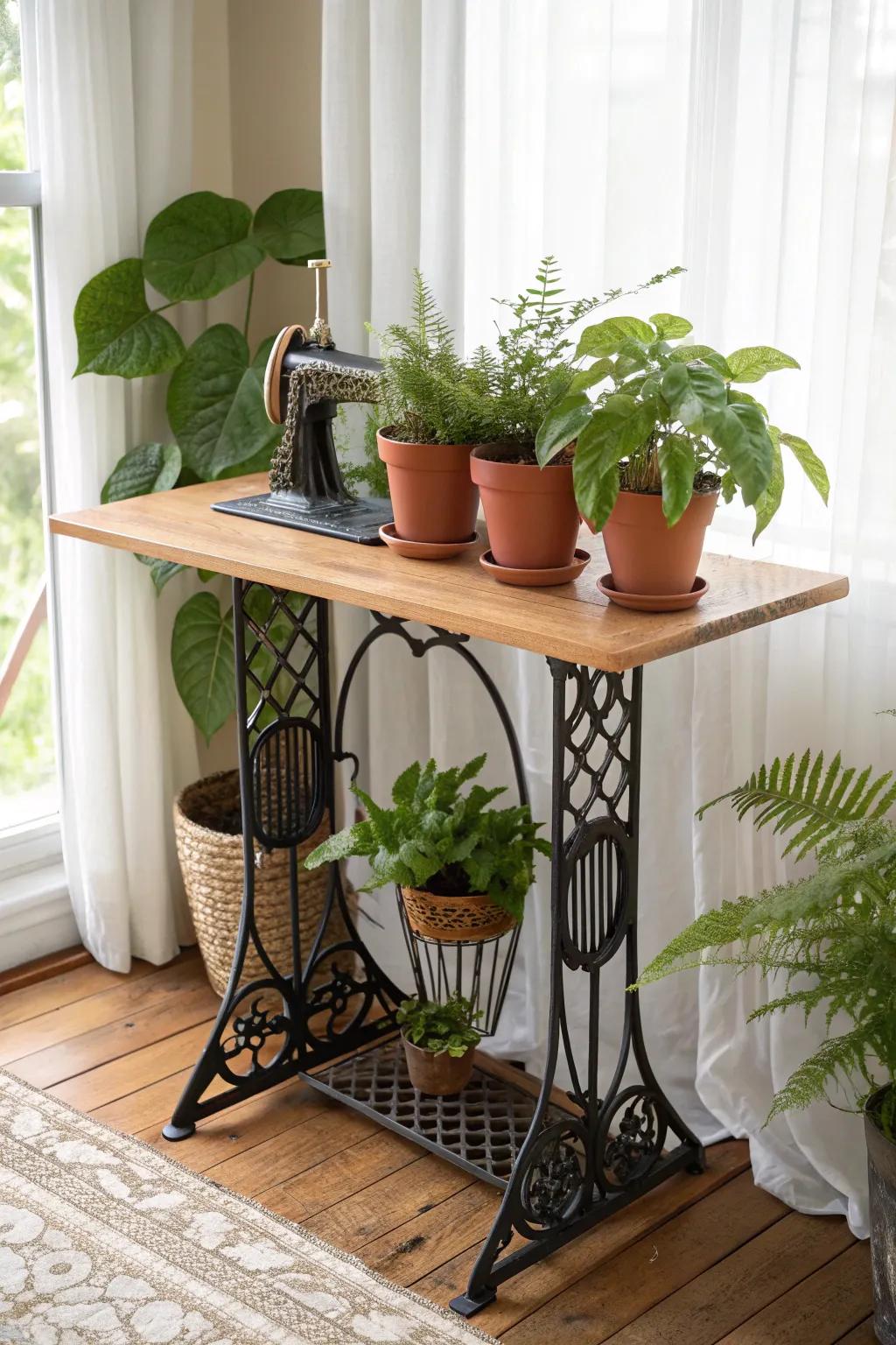 Vintage sewing table turned plant stand—greenery on top, watering can tucked neatly below.