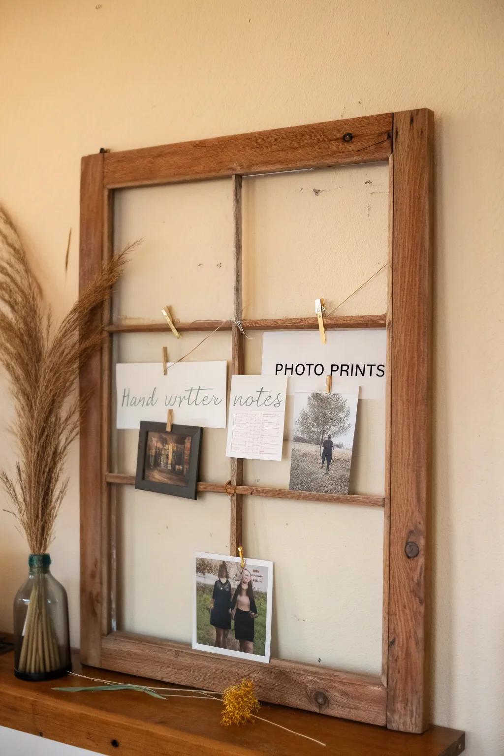 Salvaged window frame turns blank wall space into a mini gallery—chic, airy, and clutter-free.
