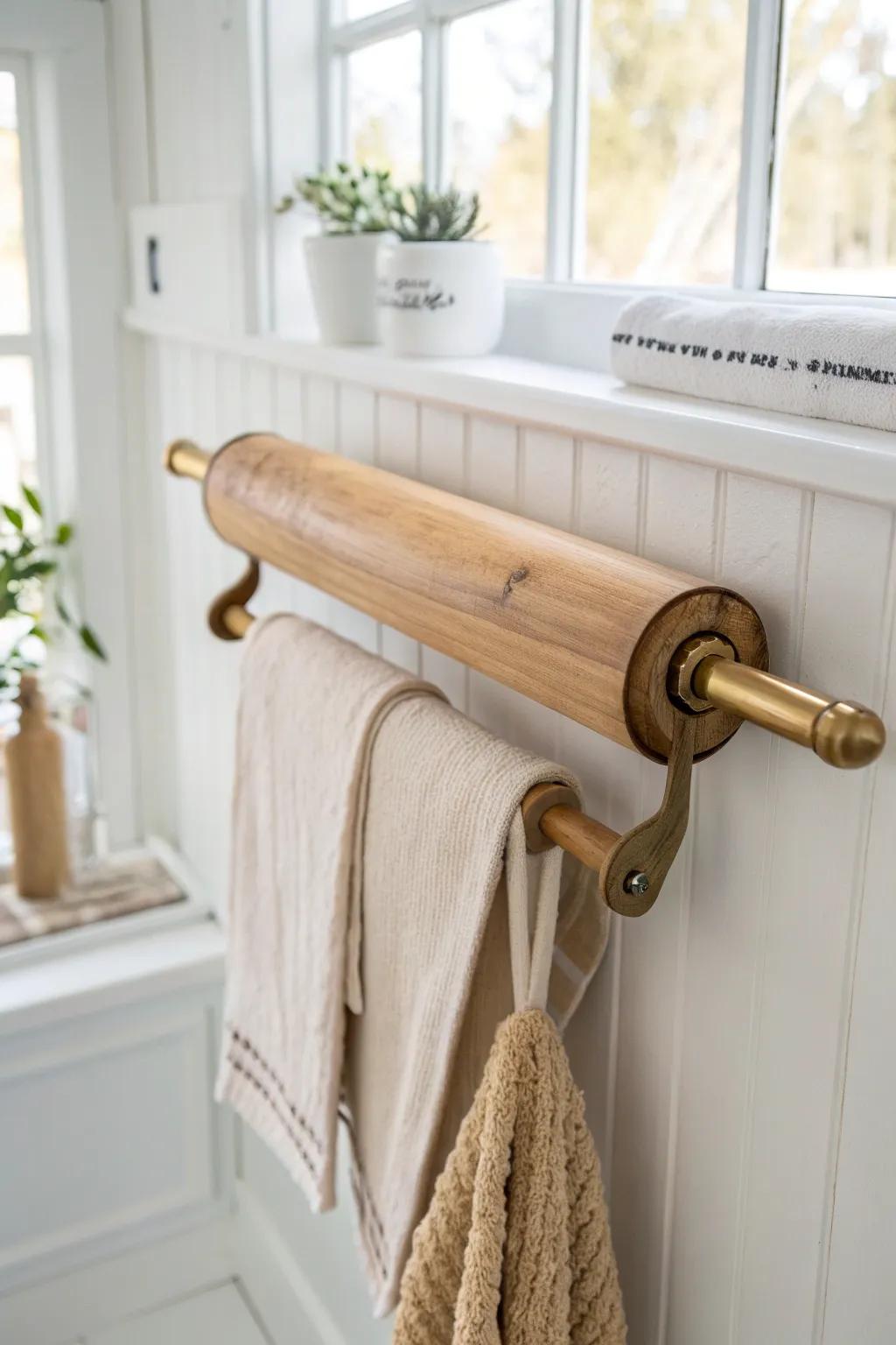Transform your space with the natural elegance of handcrafted rolling pin towel racks.