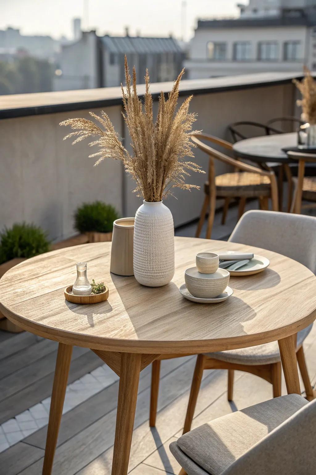 A slim rooftop dining table that fits anywhere—stackable chairs keep the terrace open.