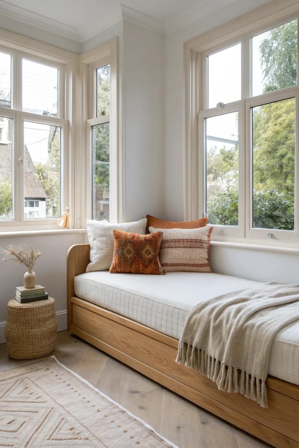 Bay-window daybed that looks built-in—tailored linen cushion for a cozy small-space nook.