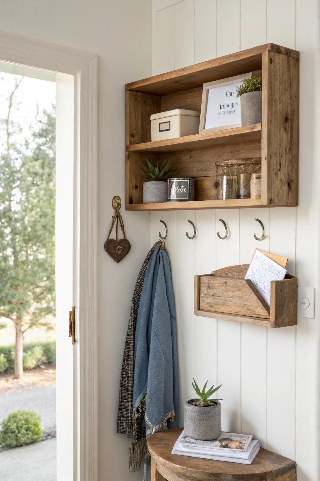 Rustic corner shelf catch-all: keys and mail stay tidy, with warm Scandinavian boho charm.