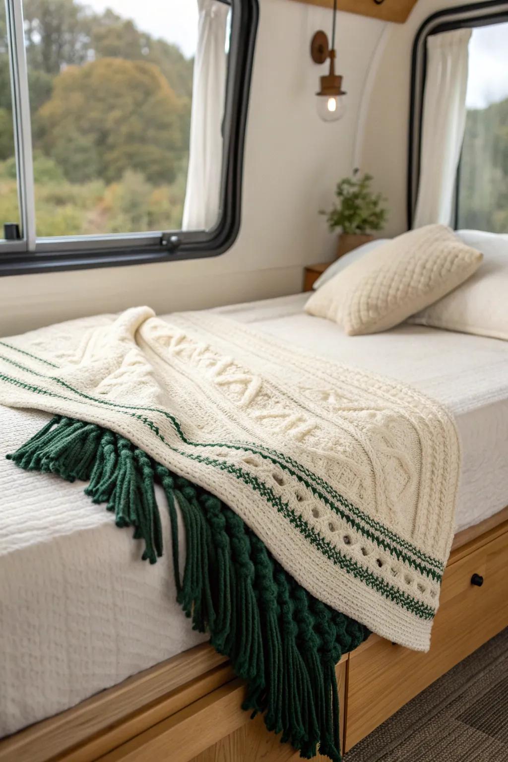 One chunky knit Christmas throw instantly makes your RV bed feel like a cozy holiday cabin.