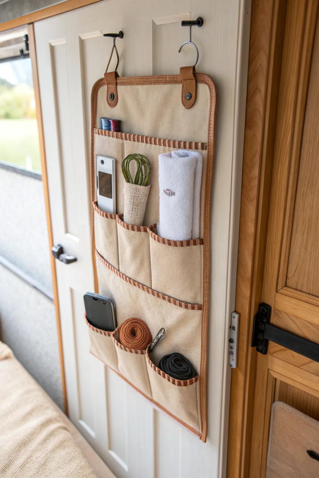Turn your RV closet door into pocket storage—an easy, beautiful spot for tiny essentials.