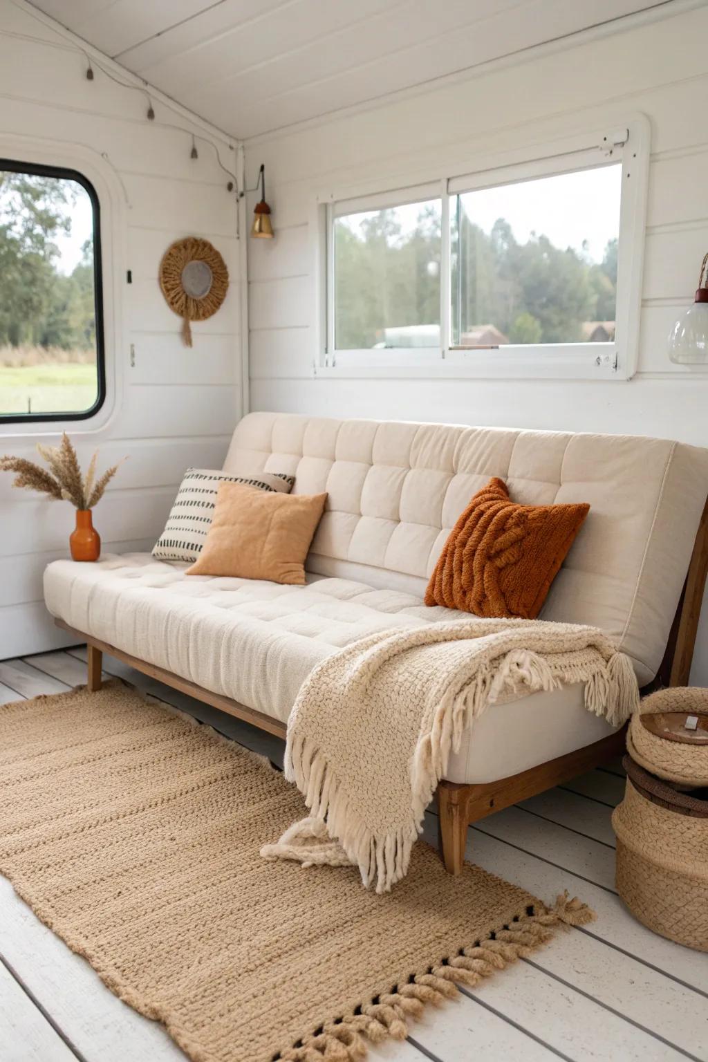A cozy linen futon adds lounge-worthy comfort in tight RV floor plans—light, chic, and compact.