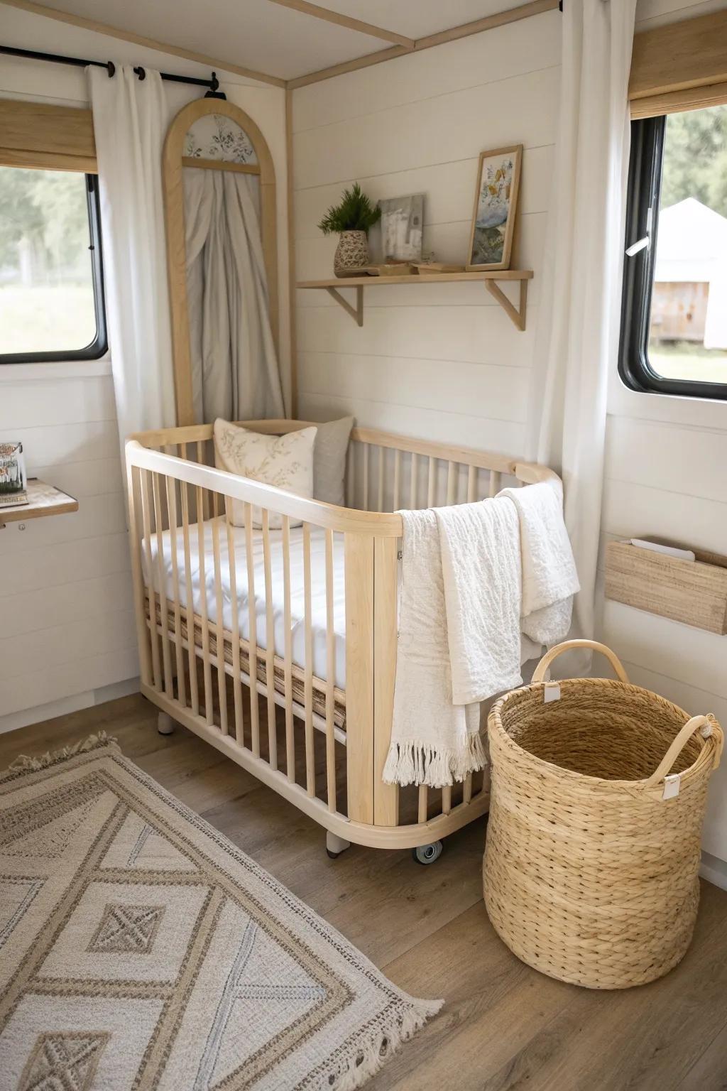 A cozy mini crib tucked into the RV master bedroom corner for easy, quiet midnight check-ins.