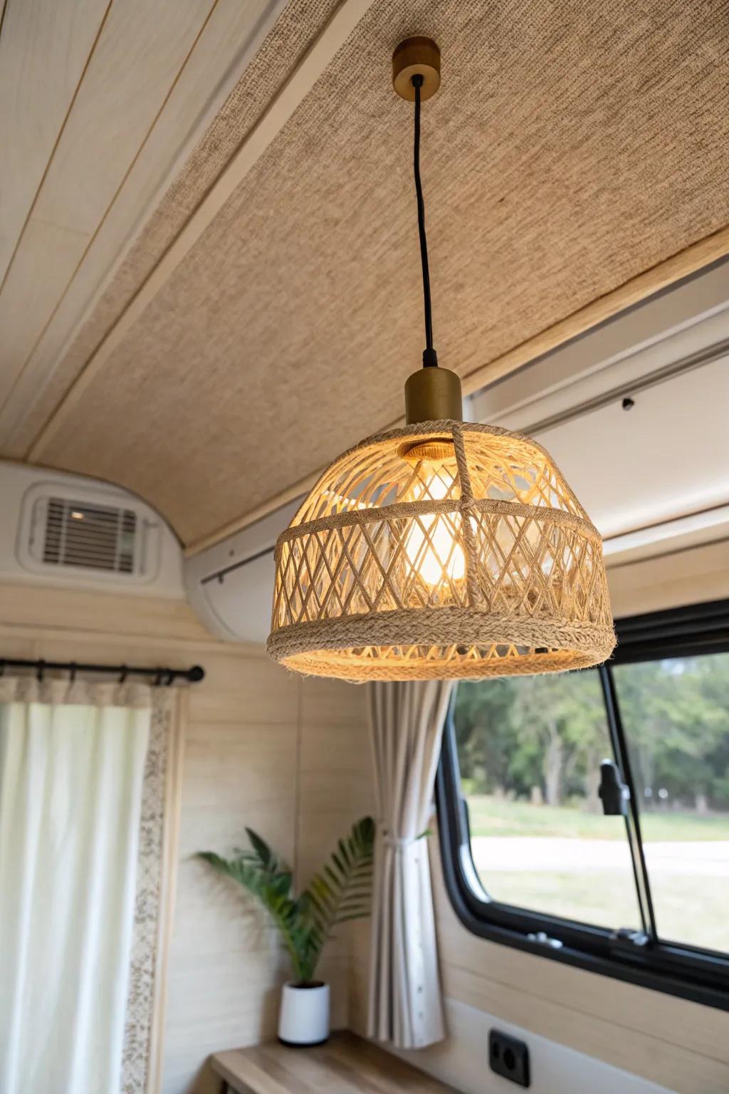 Swap harsh RV lights for a warm rattan pendant—instant cozy glow in a tiny space.