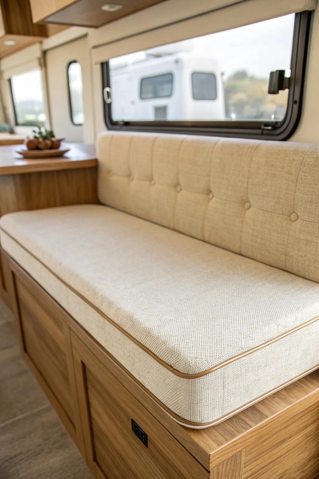 A simple dinette cushion upgrade turns your RV into a lounge-worthy hangout—fresh foam + linen.