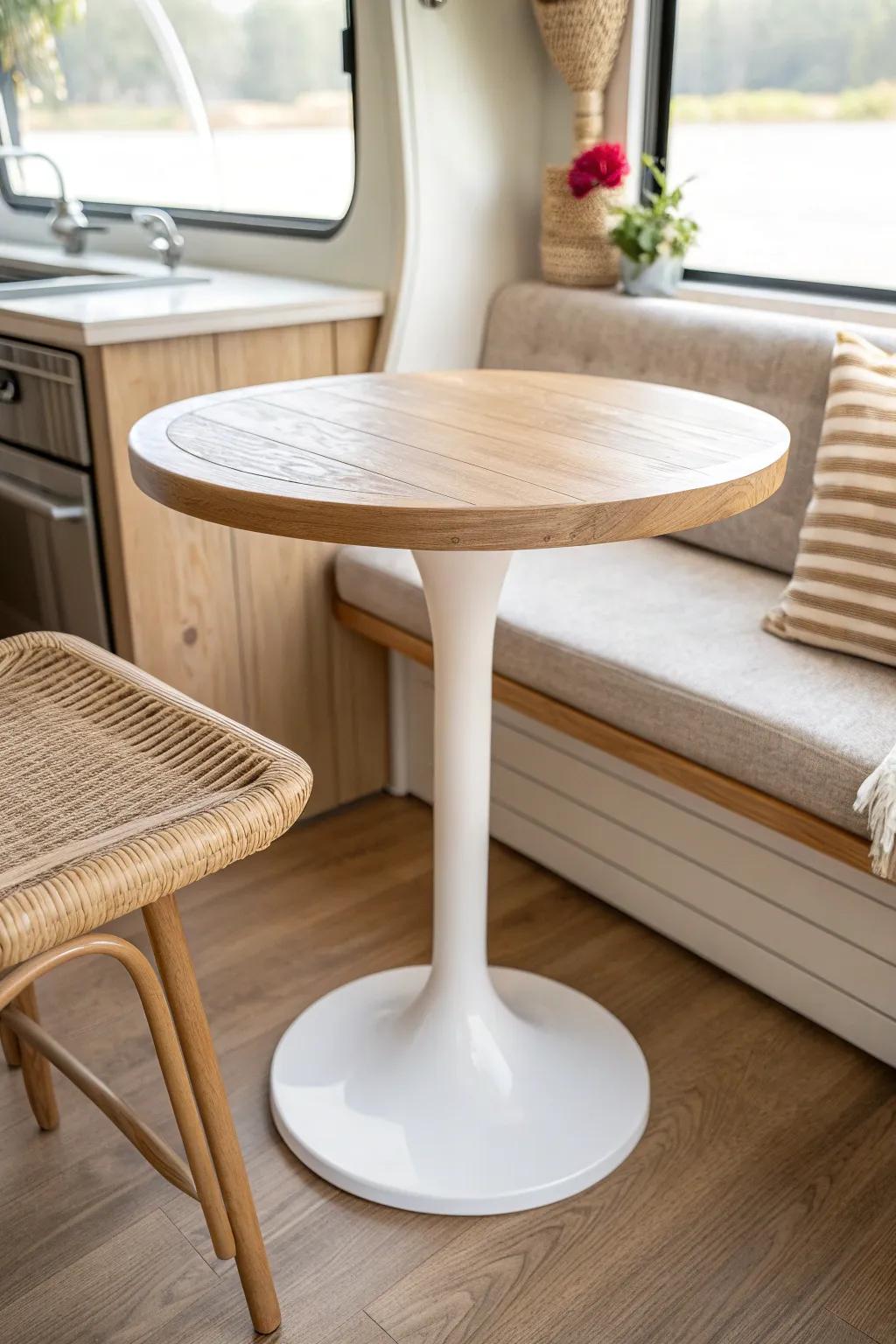 Swap the bulky base for a slim pedestal—more legroom and a chic, real-furniture feel.