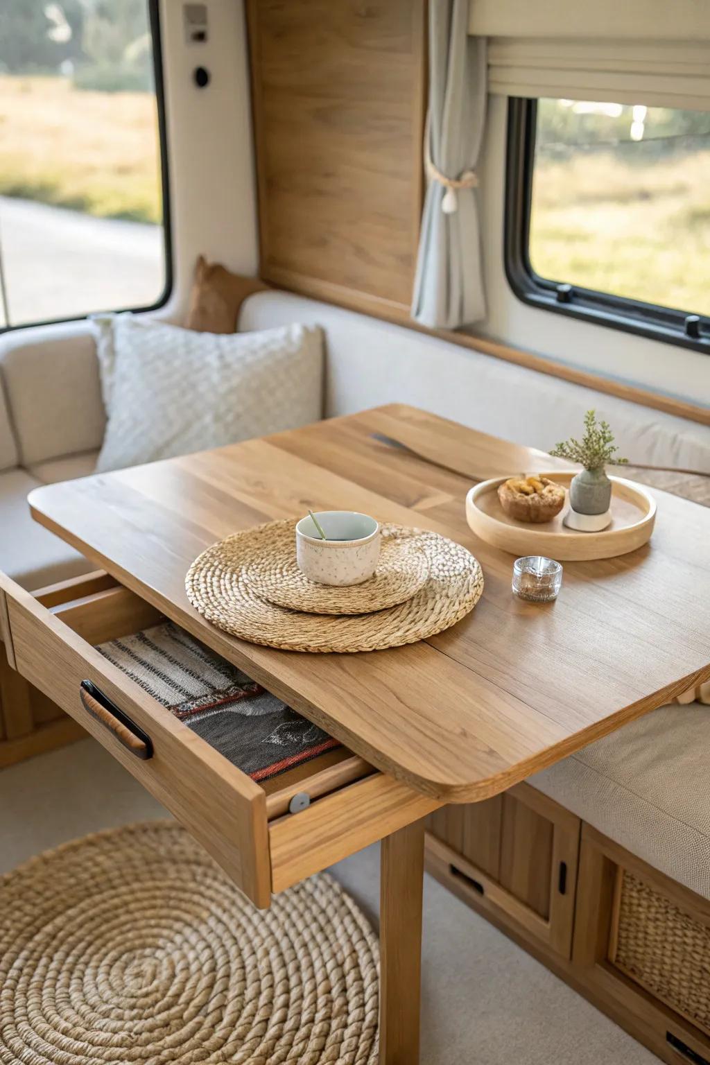 A compact RV dining table with a hidden leaf—small daily, expanded for games and guests.