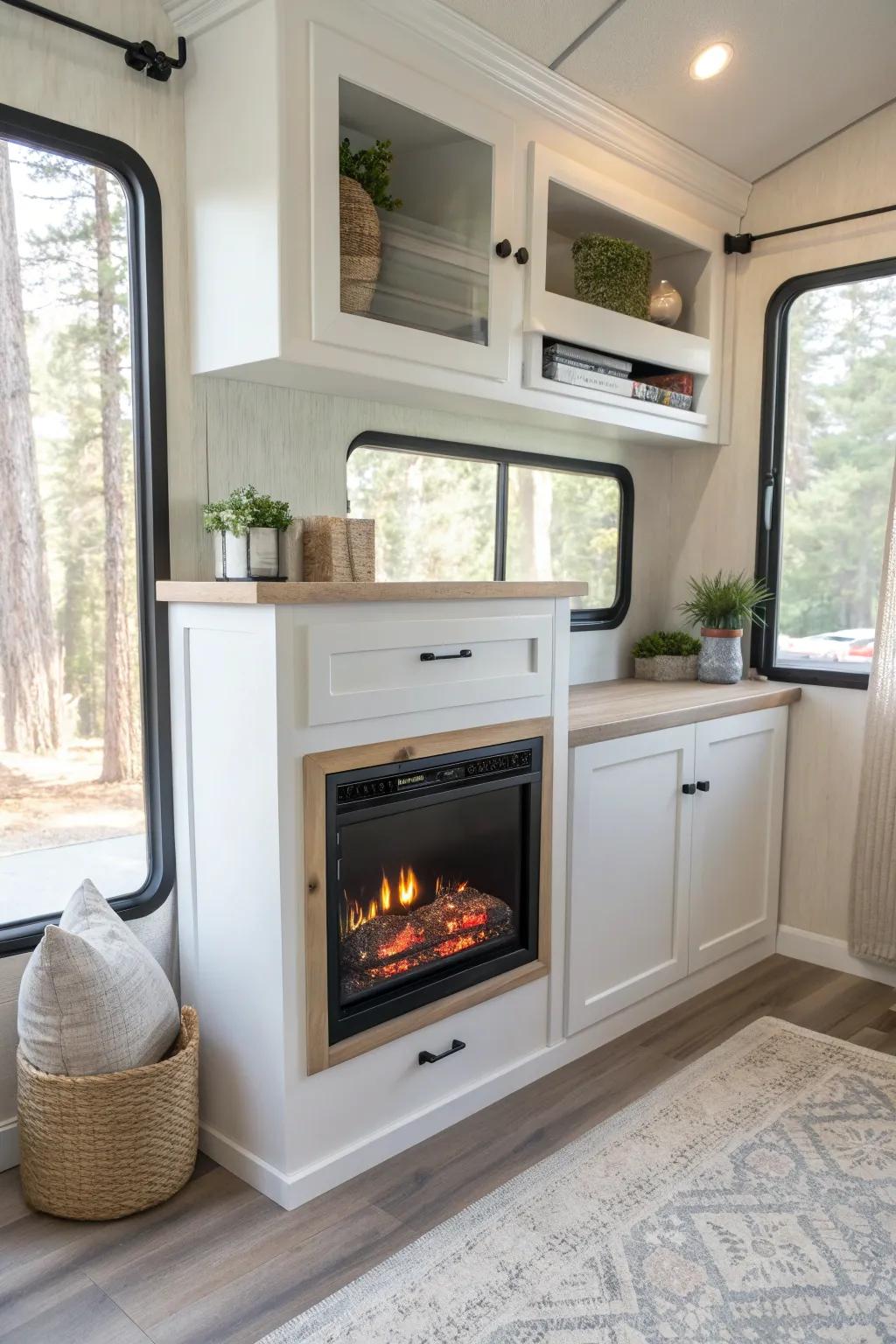A cozy corner RV fireplace nook that saves space while adding warm, minimalist charm.