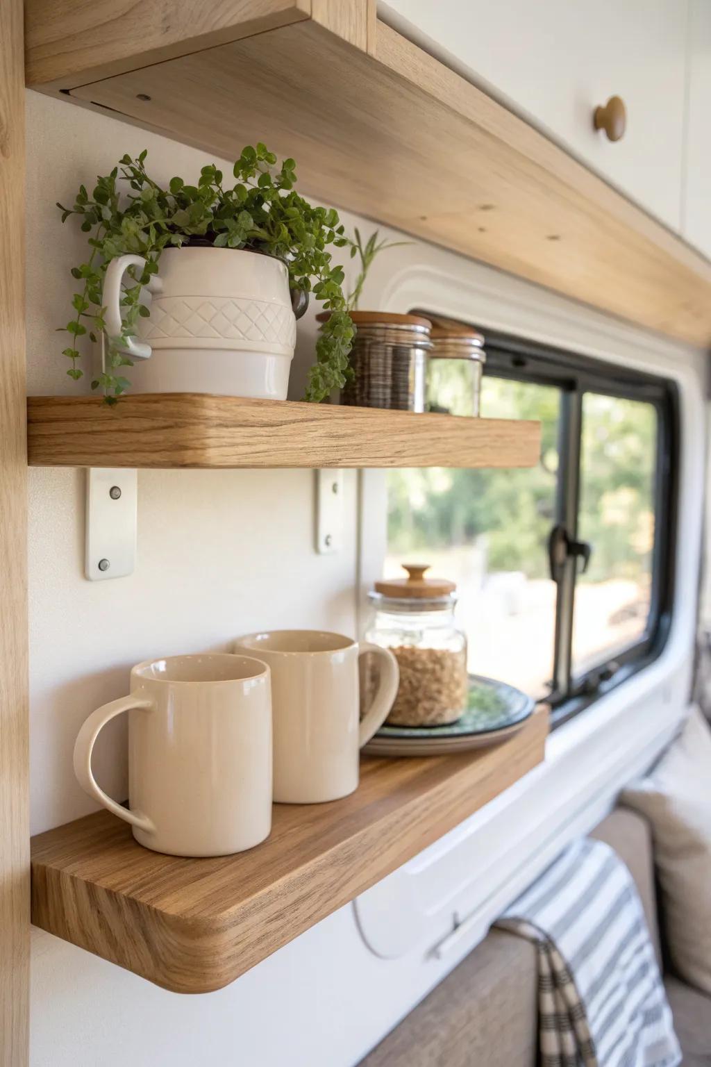 Swap bulky RV cabinets for a light oak open shelf—airy storage with simple, pretty essentials.