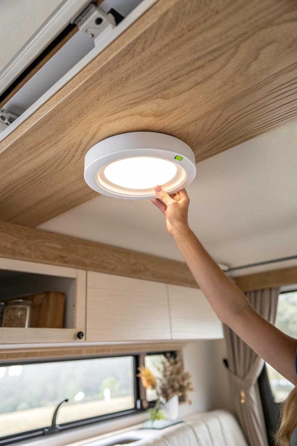 Swap dated RV fixtures for warm, low-profile LEDs—instant modern glow in a tiny space.