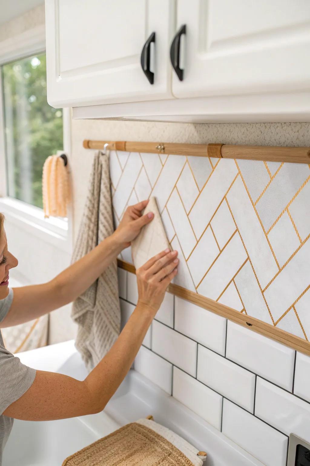 Peel-and-stick backsplash adds instant texture and polish to a tiny RV kitchen—no tools needed.