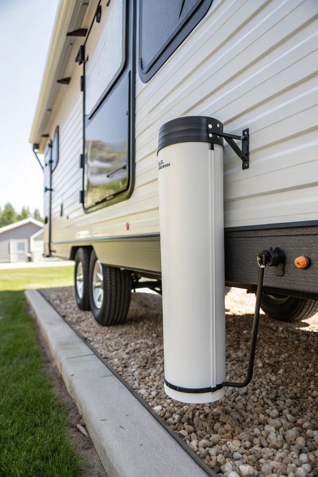 A dedicated exterior hose carrier keeps sewer gear separate—cleaner, calmer RV storage.