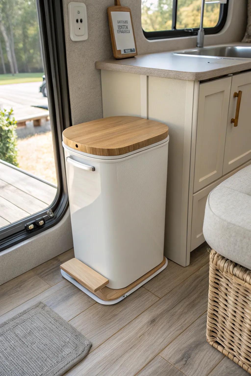 A compact foot-pedal trash can tucked into a corner keeps your RV tidy, hands-free, and odor-free.