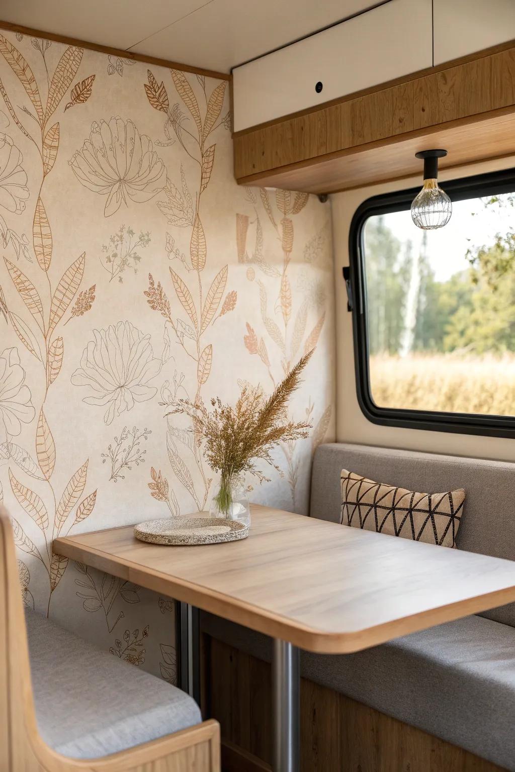 Turn your RV dining booth into a cozy café nook with a statement feature-wall wallpaper.