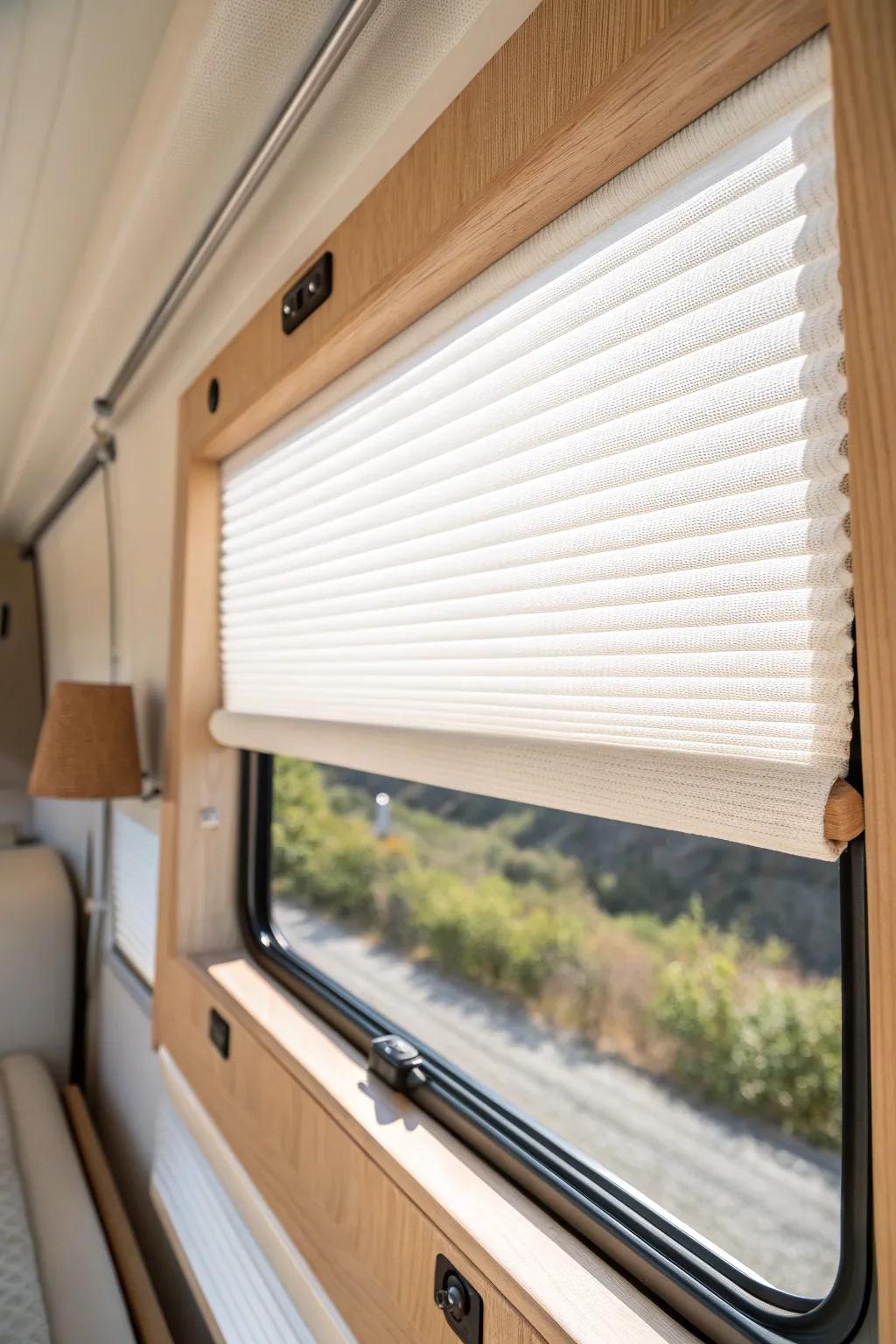 Honeycomb cellular shades add cozy insulation and a serene, minimalist RV window look.