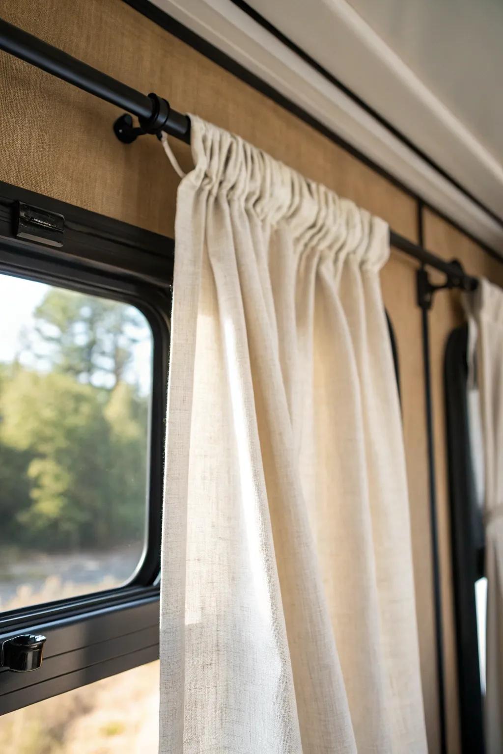 Ditch the bulky valance—an airy linen panel instantly lightens an RV window and feels serene.